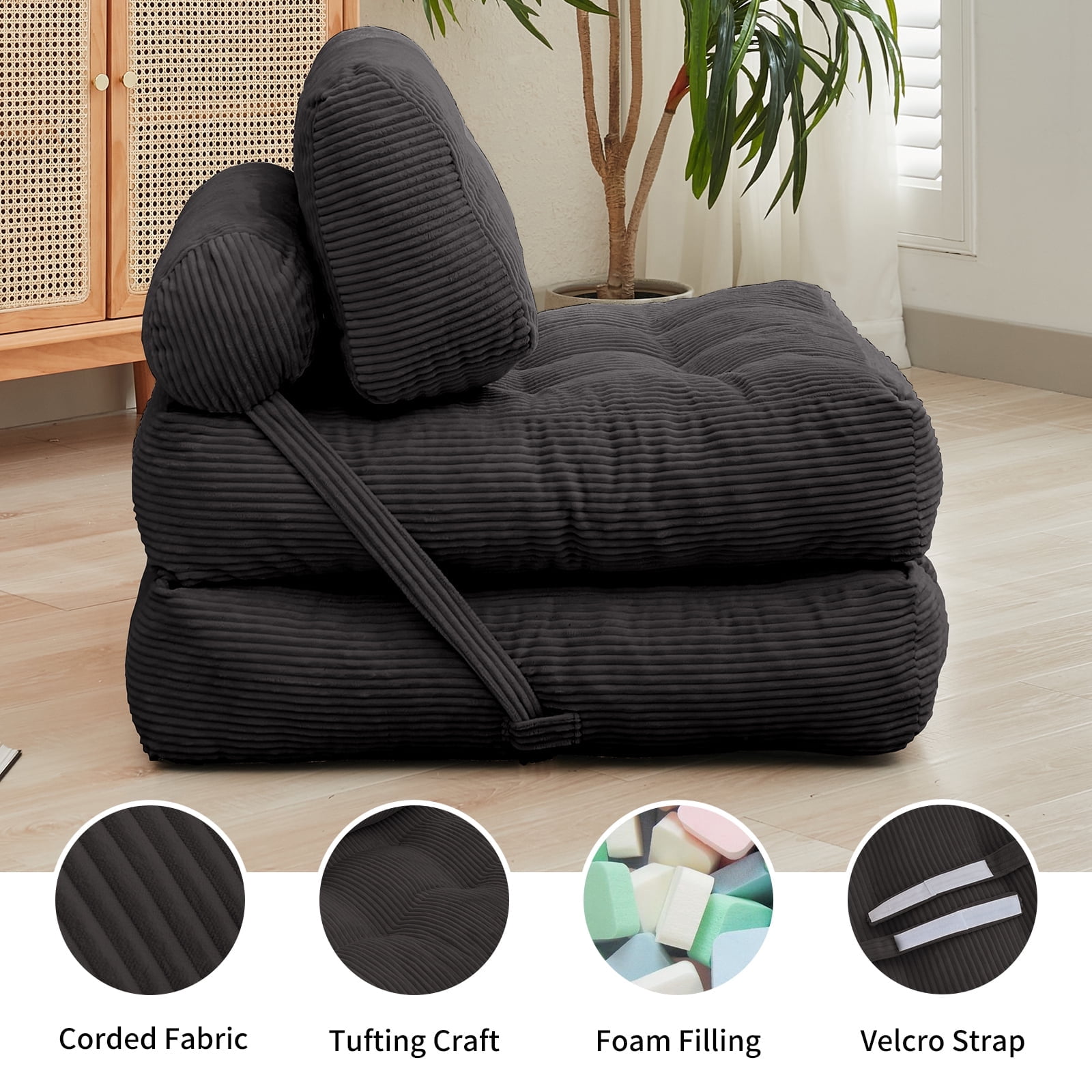 BALUS Folding Sofa Bed, Convertible Couch Sleeper,Fold Out Couch Bed,Floor Couch with Foam for Living Room/Bedroom, 32"W Dark Gray