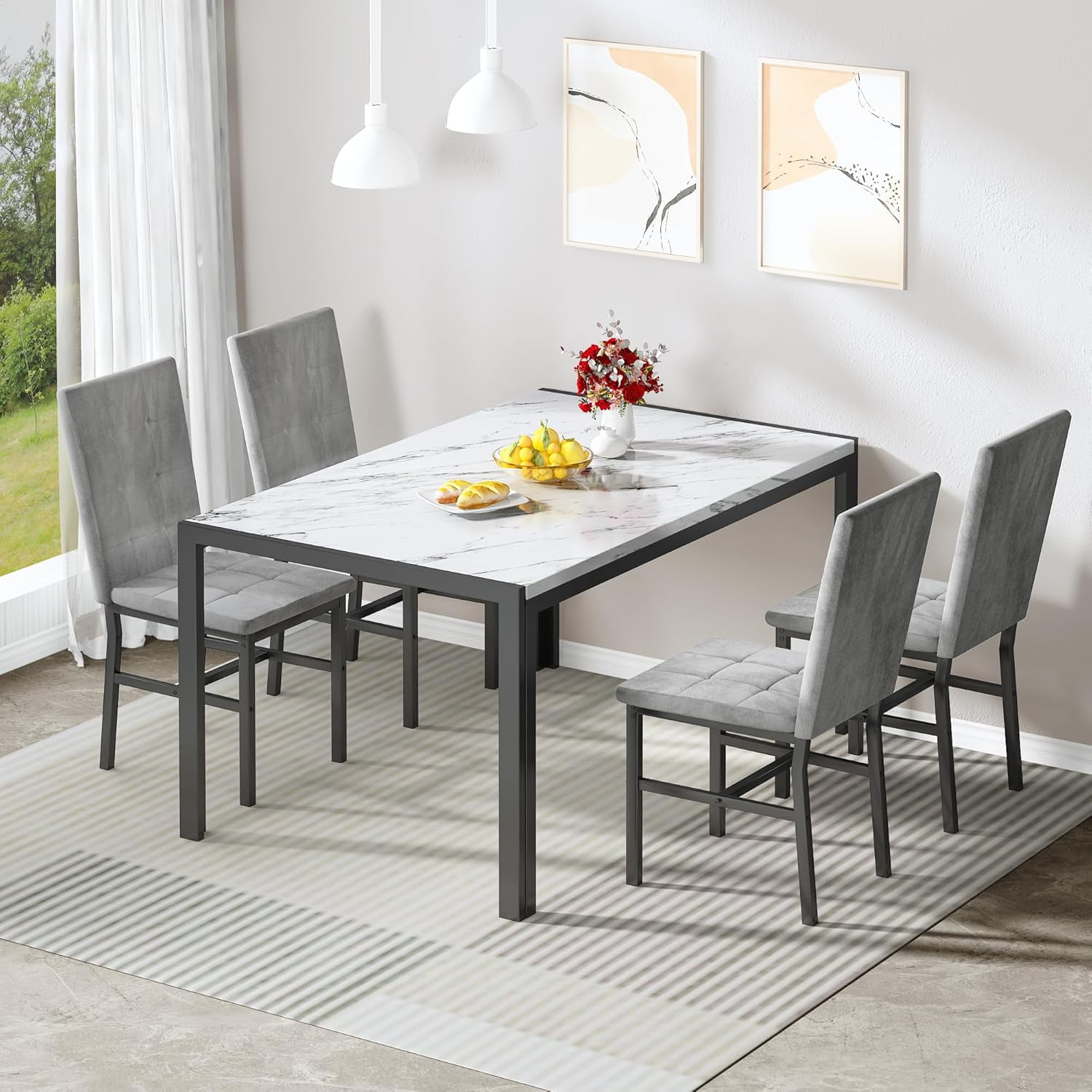 LinkRomat 5-Piece Faux Marble Dining Table Set for 4, Modern Kitchen Table with Chairs, Dinette Dining Room Furniture Set for Compact Space Saving