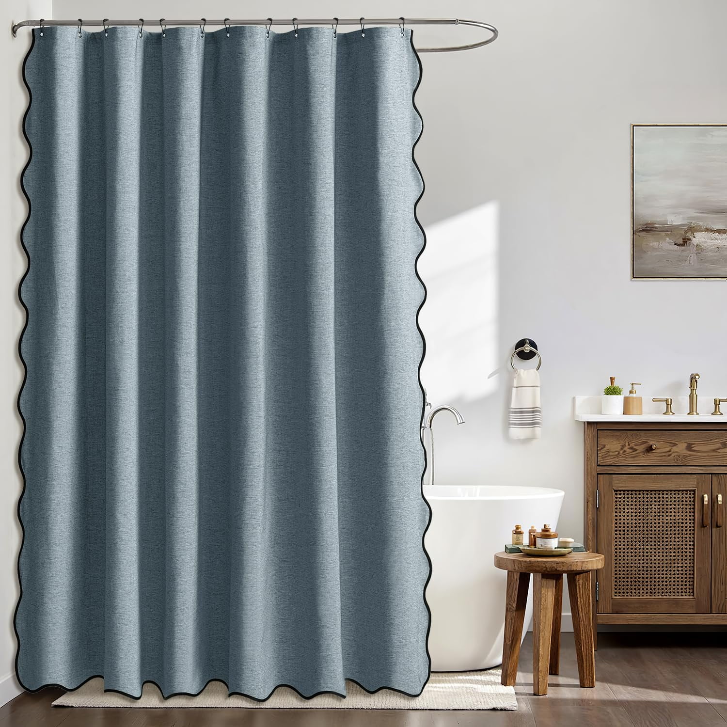 qtess A84" Long Scalloped Shower Curtain Linen Textured with 12 Metal Hooks Cute Extra Long Heavy Duty Washable Waterproof Cloth Shower Curtains with Black Border for Bathroom Hotel Bathtub,Khaki