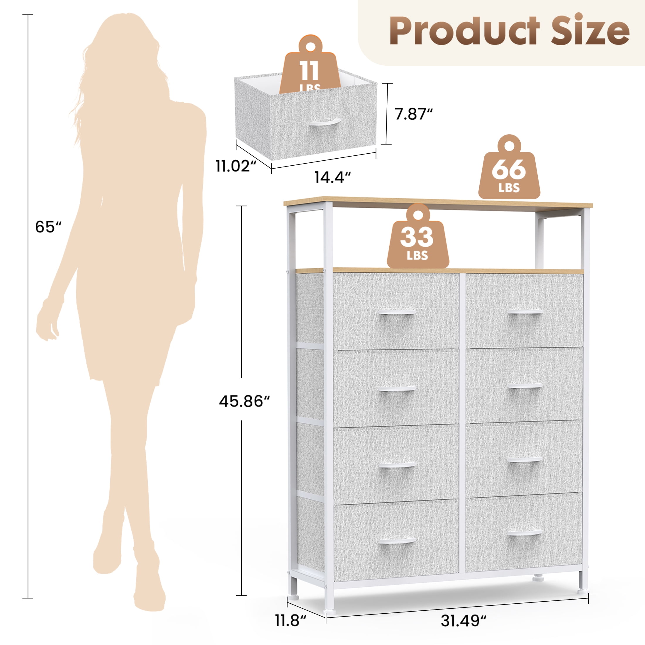 edx 8 Drawers Fabric Dresser, Clothes Storing, Storage Tower Organizer TV Stand, for Bedrooms, Wardrobes, Entryways, and Living Rooms, LightGray
