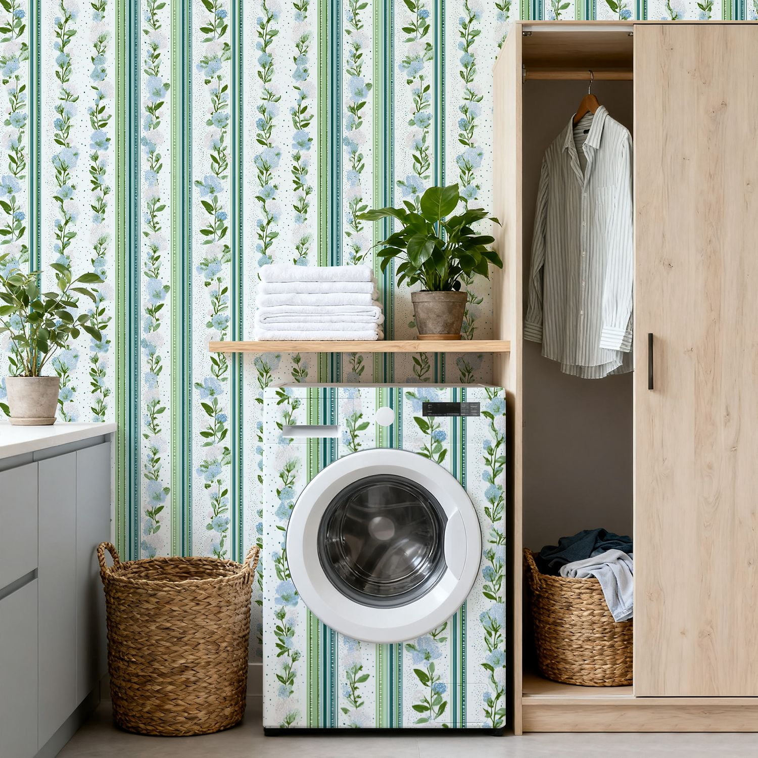 Peel and Stick Wallpaper Floral Stripe Blue Blossoms Green Leaves Light Wall Mural 17.7in x 9.8ft Self Adhesive Removable Wall Paper Renter Friendly Wallpaper for Bedroom Livingroom Office Studio