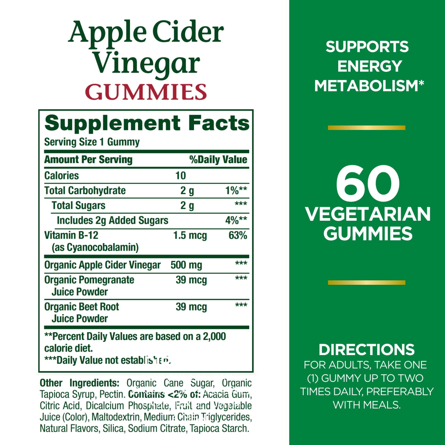 Nature's Bounty Apple Cider Vinegar Gummies Dietary Supplement, Raspberry Pomegranate Flavor, 500 Mg, 60 Count