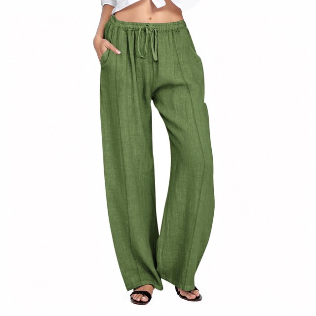 Women's Linen Wide Leg Drawstring Pants - Polyester Material - High Waist with Pockets