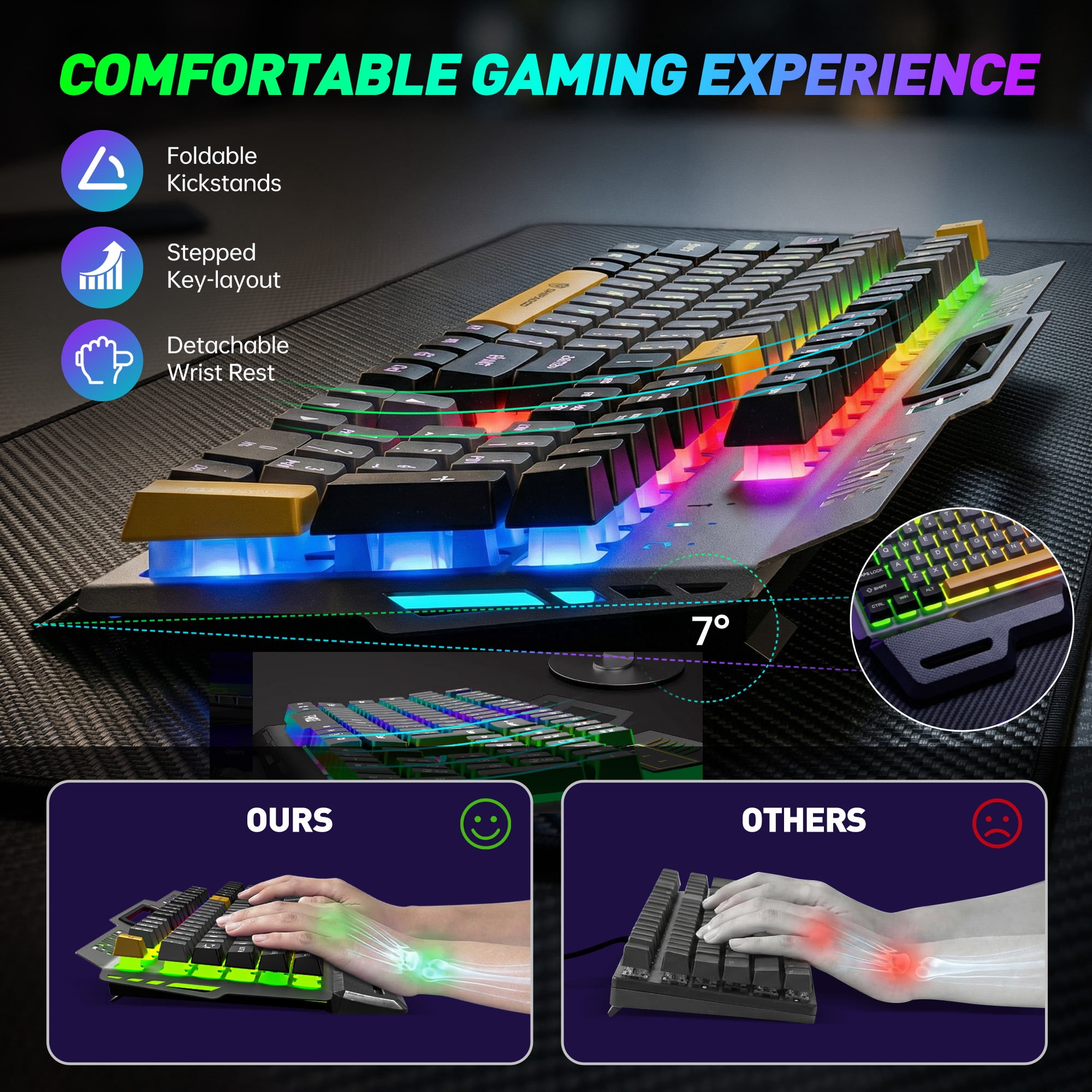 104 Keys RGB Light up Gaming Keyboard, All-Metal Panel & IPX3 Waterproof with Detachable Wrist Rest - USB Wired Computer Keyboard for Windows PC Gamer, Black & Gray