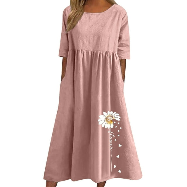 QIPOPIQ Robe Longue Décontractée pour Femme en Coton et Lin, Ample, Unie, Plissée, Manches Courtes, Robes Midi, Liquidation