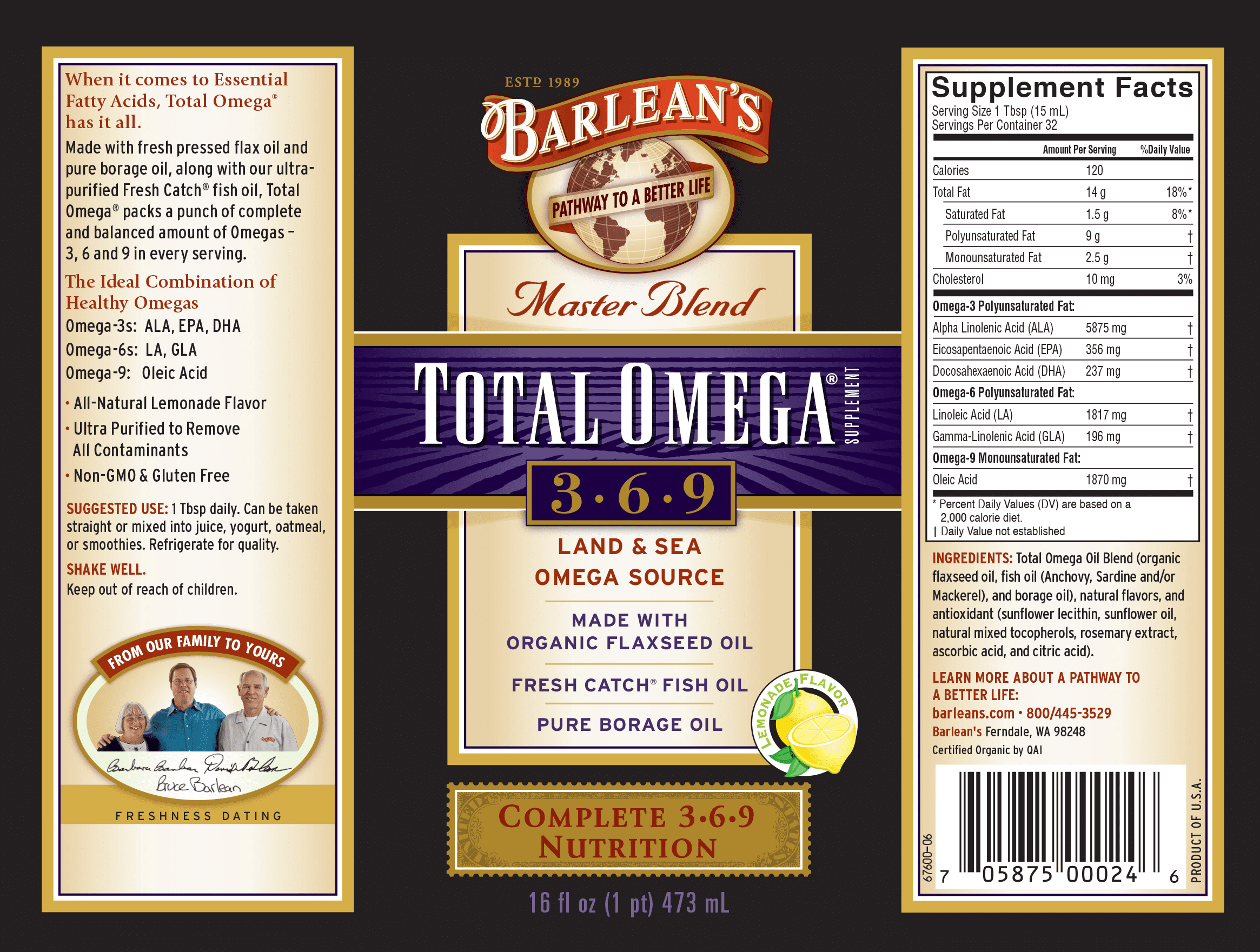Barlean's Master Blend (Flax and Fish) Total Omega 3-6-9 Oil (16 oz)