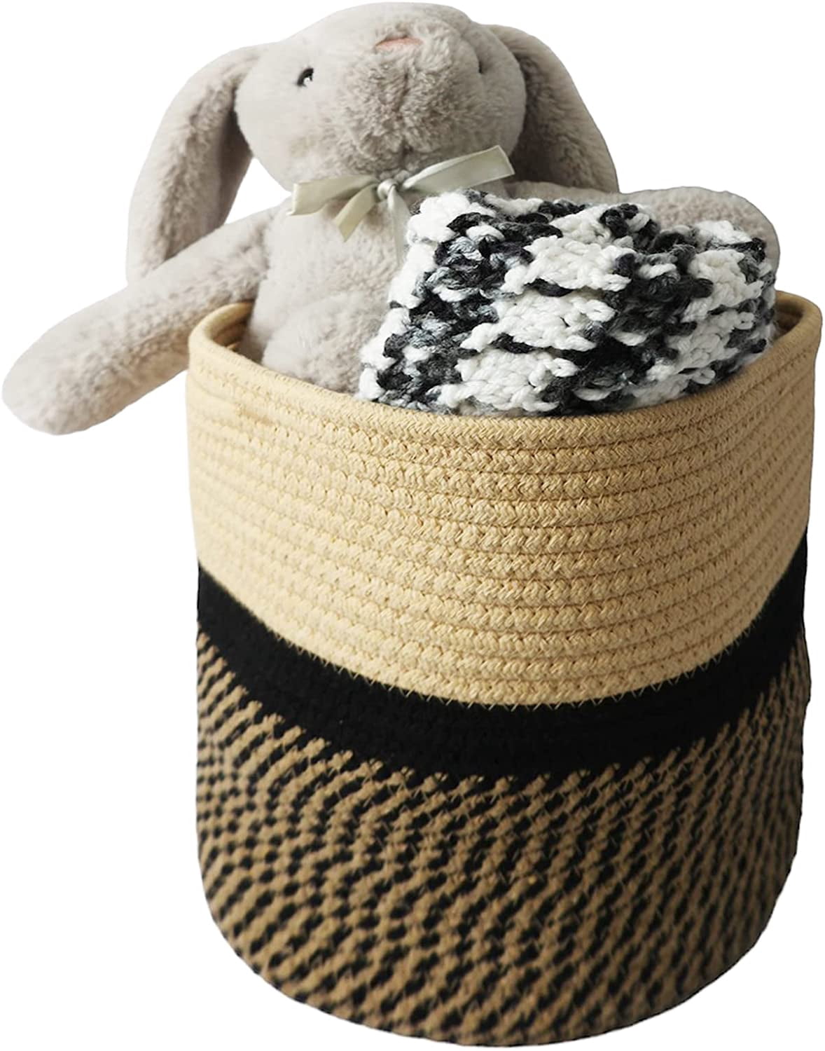 omh ORGANIZE MY HOME Decorative Baskets for Plants| 9- & 11-inch Pots for Indoor Plants | Floor Planter Pot Cover | Rope Plant Basket for Indoor (Medium 11" Round, Tan/Black)