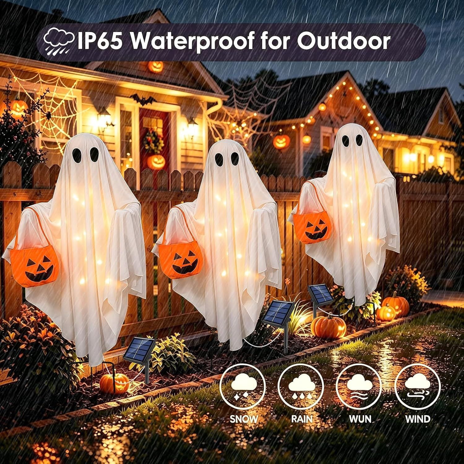 Solar Halloween Ghost Lights, 2 Pack Hanging and Stake Yard Decorations with 30 Warm White LEDs, 14.57 in, Weather Resistant