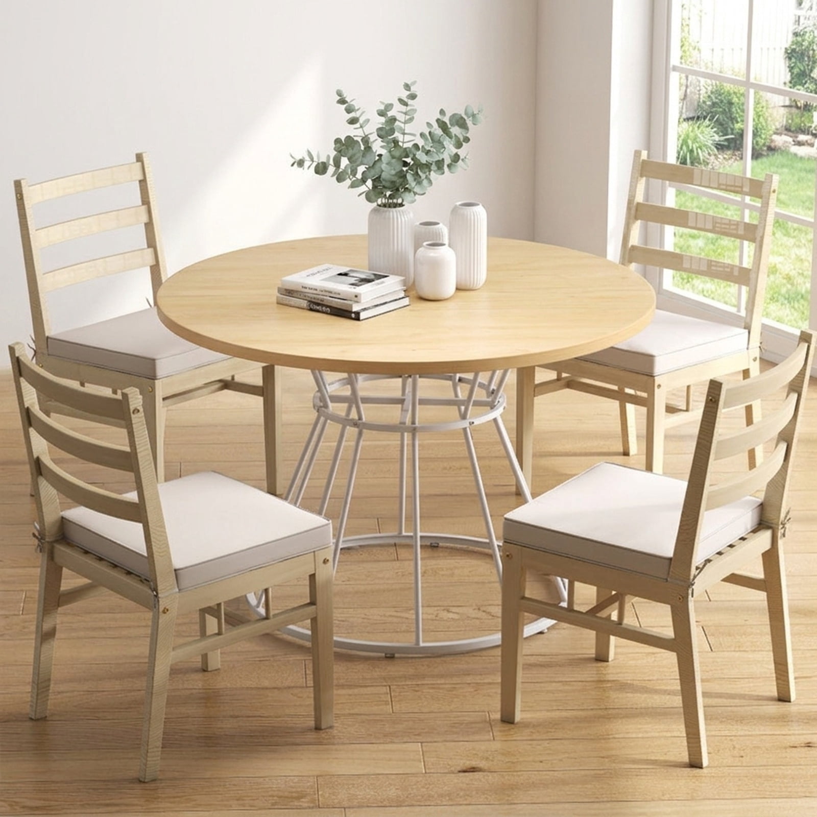 Furnibear 47 Inch Round Farmhouse Dining Table for 4 with Natural Wooden Tabletop