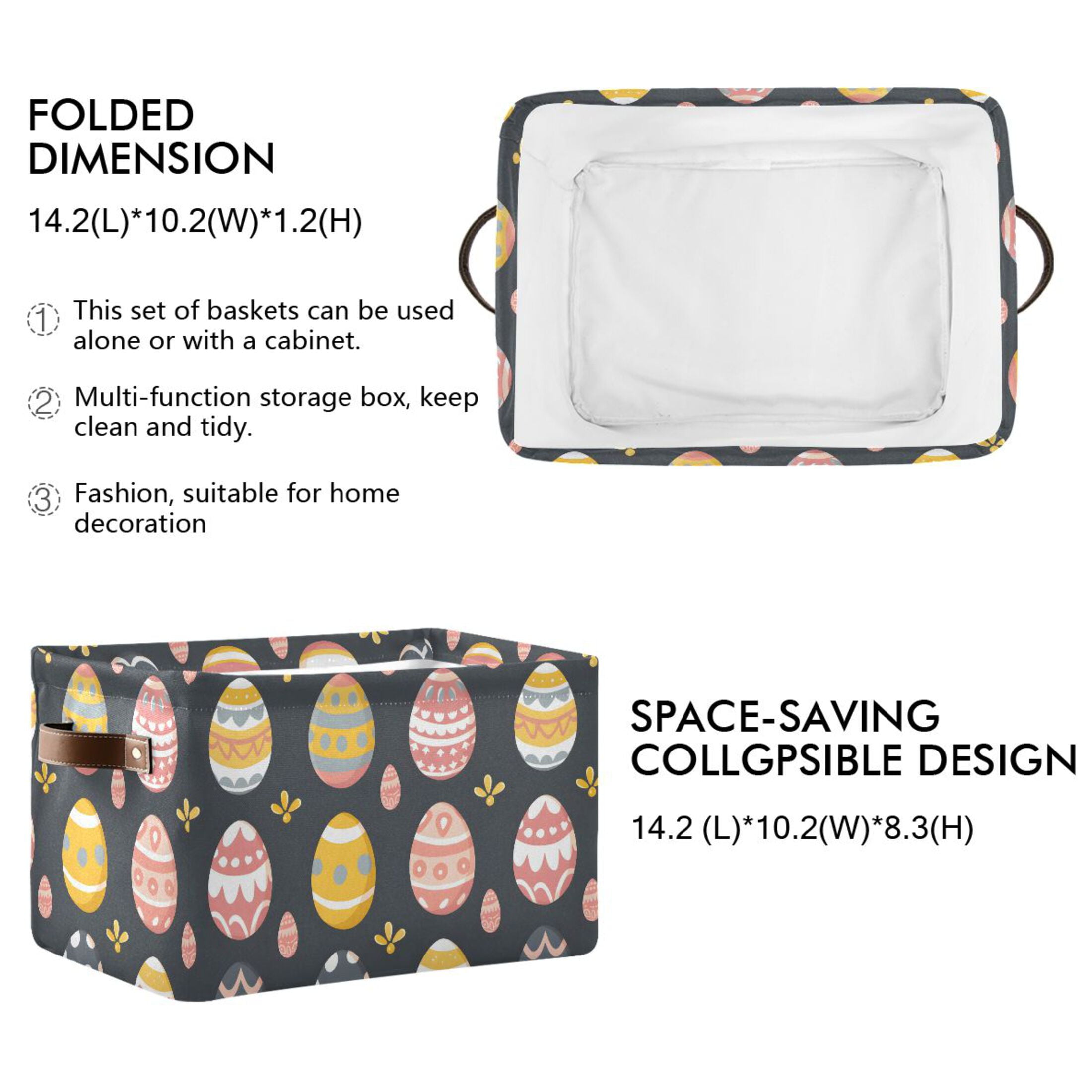 Easter Egg with Grass Storage Bins with Handle Fabric Organizer Basket Foldable Box 2 Pack 14.2x10.2x8.3