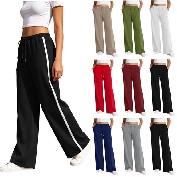Womens Athletic Side Stripe Wide Leg Long Pants Solid High Waist Casual Trousers with Pockets, Loose Breathable Bottoms for Jogging, Loungewear and Outdoor Walking White