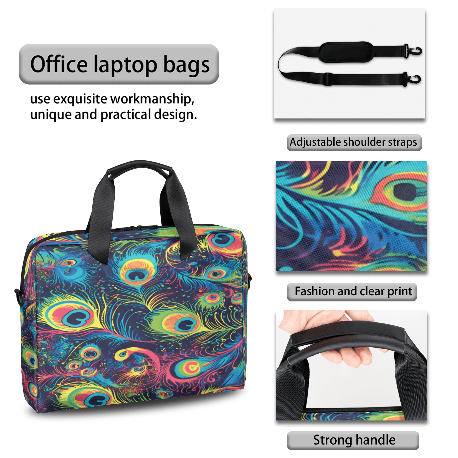 Herdesigns Peacock Feather Laptop Bag for Women Men, Computer Case Briefcase Messenger Bags, 15-15.6 inch Laptop Sleeve Shoulder Bag