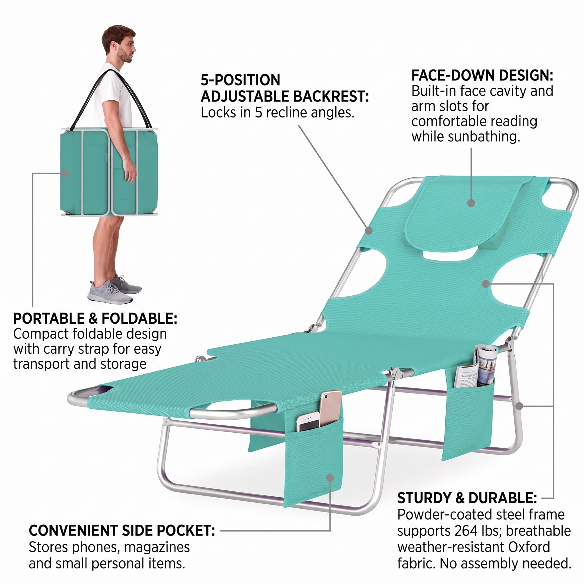 Outdoor Folding Lounge Chair 5-Position Adjustable Backrest Face Cavity & Arm Slots Sun Lounger with Side Pocket Carry Strap Breathable Oxford Fabric for Beach Pool Patio