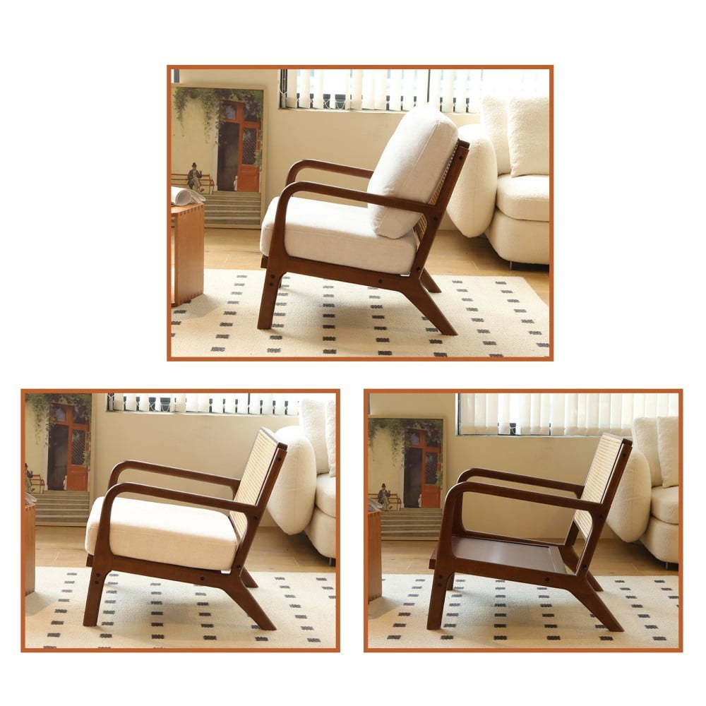 Accent Chair, Modern Upholstered Armchair with Soft Fabric Cushion & Solid Wood Legs, Cozy Reading Chair for Living Room, Bedroom & Apartment, White & Brown