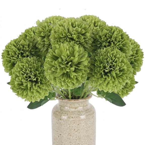 Artificial Chrysanthemum Ball Flowers, Green Silk Fake Mums, Floral Arrangement, St. Patrick’s Day Table Centerpiece for Home Indoor Decor, 12 Pcs