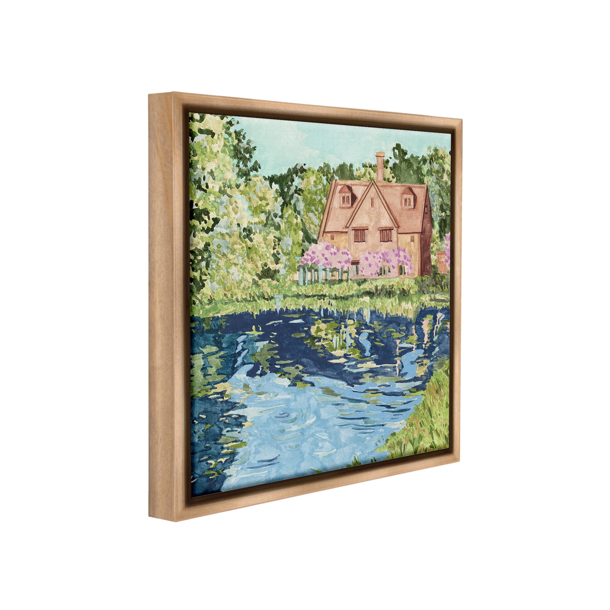 Stupell Industries Country Cottage & Pond Landscape Painting Brown Floater Framed Canvas Art Print Wall Art, 18 x 18
