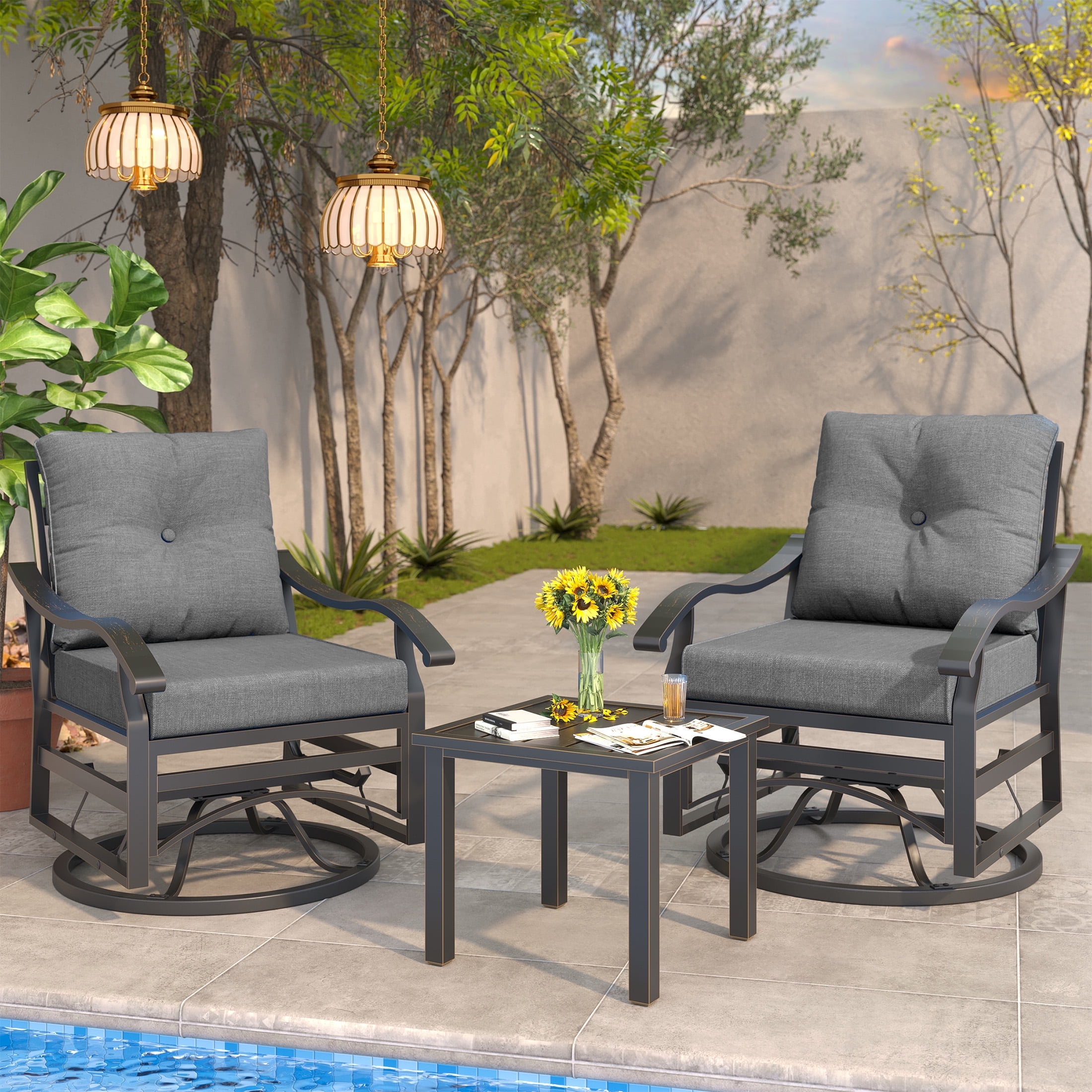 POTEBAN Outdoor Swivel Rocker Chairs, 3 Piece Metal Patio Rocking Chairs with Padded Cushions Patio Bistro Furniture Set with Side Table for Porch Balcony Backyard, Grey