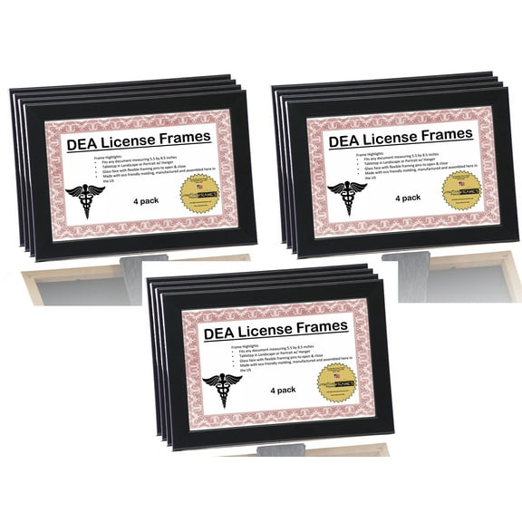 DEA Black License Frame - Displays any 5.5 by 8.5 inch Document on Counter/Tabletops or Hang and Display Your Collection Together on the wall for Professionals (Pack 12)