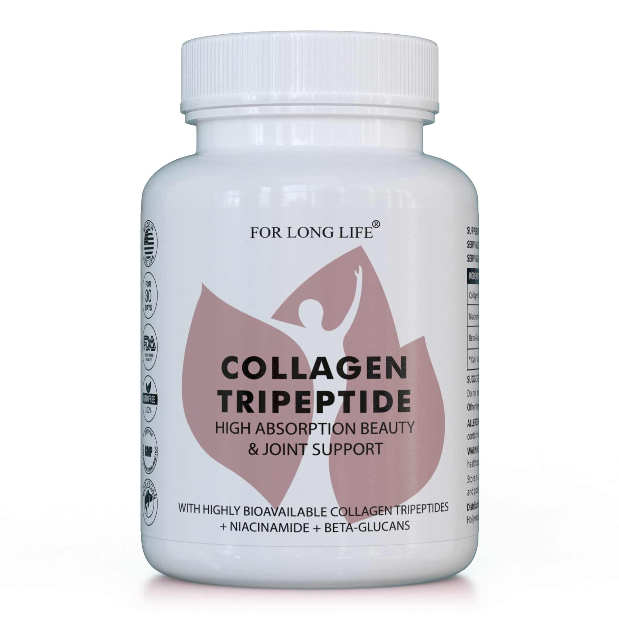 FOR LONG LIFE Collagen Tripeptides | Ultra-Low Molecular Weight <500 Da | Marine Collagen with Niacinamide + Beta-Glucan | 120 Capsules