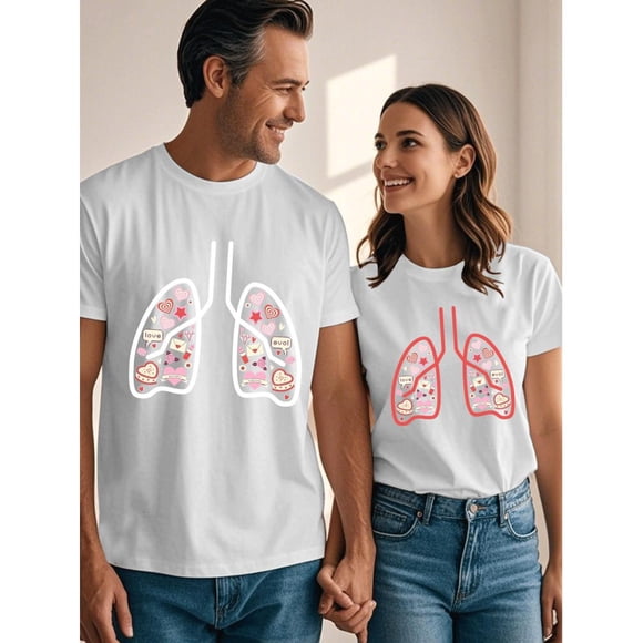 His & Hers Valentine's T-Shirts - Heart Lung Design, 100% Cotton, Short Sleeve Crew Neck, Casual & Fun Matching Outfits for Couples, Ideal Gift, Valentine's Outfit Tee For Adult, Women, Teenager