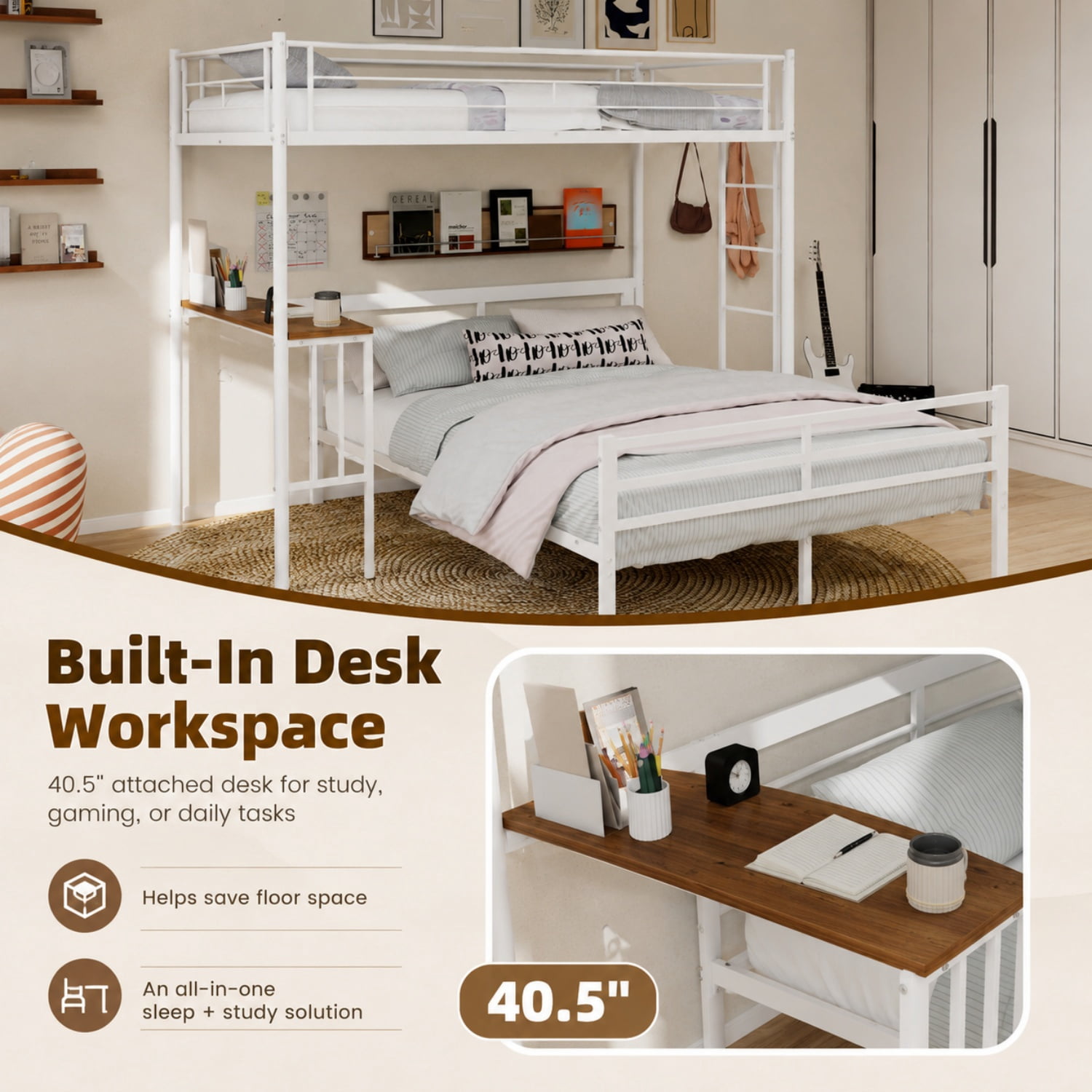 Miniyam Twin Over Full Bunk Bed with Built-In Desk – Metal Space-Saving Bed for Kids, Teens, Dorm Rooms, White