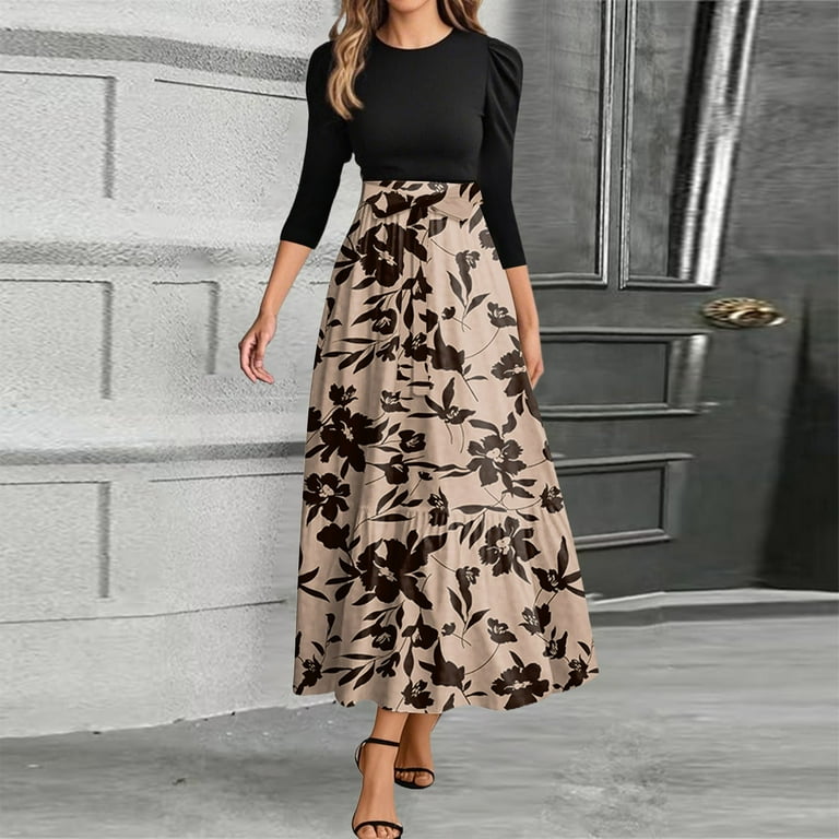 knee length dresses for ladies Navy & Tan Floral Mimi Midi Dress