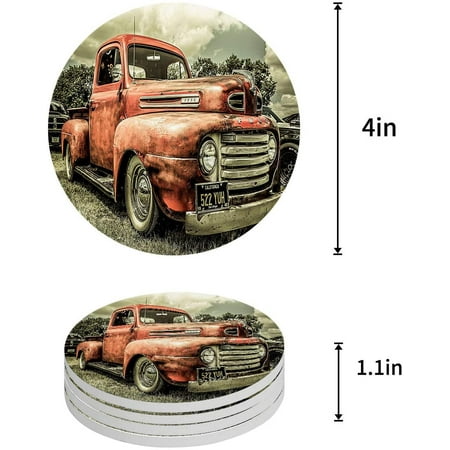 

KXMDXA Antique CarVintage Old Classic Truck Decor Set of 4 Round Coaster for Drinks Absorbent Ceramic Stone Coasters Cup Mat with Cork Base for Home Kitchen Room Coffee Table Bar Decor