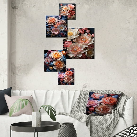 Designart "Dreamy Pink Elegance Of Peonies" Peonies Wall Art Set Of 5 - Pink Traditional Hallway Metal Art Print Set