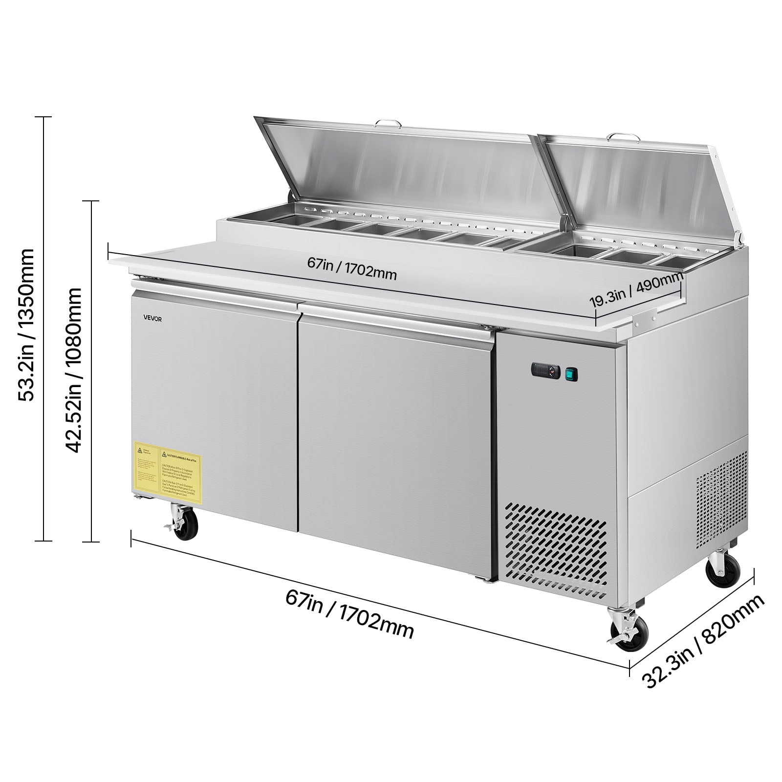 VEVOR 67"W Commercial Refrigerator, Pizza Prep Refrigerated Table,20" Ultra Wide Countertop Food Prep Worktable, 20.3 Cu.Ft Single Door Salad Prep Fridge, 9 Pans Pizza Make Worktop with Cutting Board