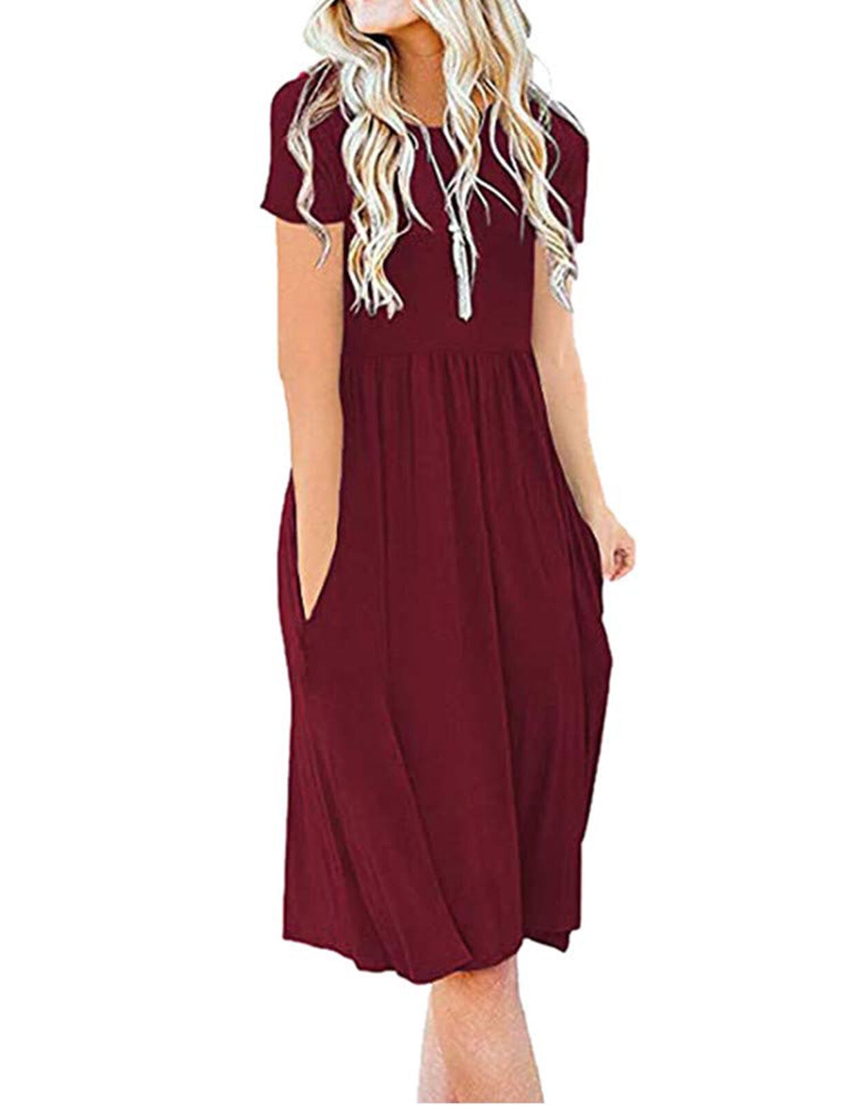 Summer Dresses for Women Solid Color Round Neck T-Shirt Dresses Casual ...