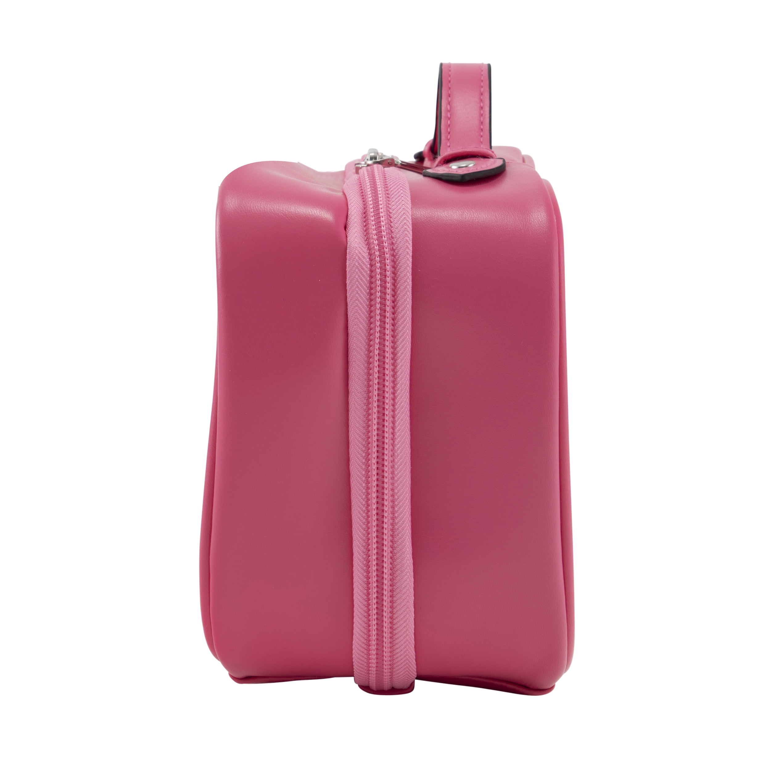 Fusion Brand Double Layer Makeup Bag, Clear and Pink.   4 Zipper Compartments and Handle. 8.6" Long.