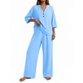 thumbnail image 2 of Women's Linen Summer Two Piece Outfit V Neck Button Down Top Wide Leg Pants Casual Loose Matching Travel Set, 2 of 7