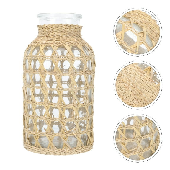 Large Rustic Rattan Glass Vase for Desktop Decoration, Wicker Flower Container, Crystal Indoor Water Holder, Decorative Home