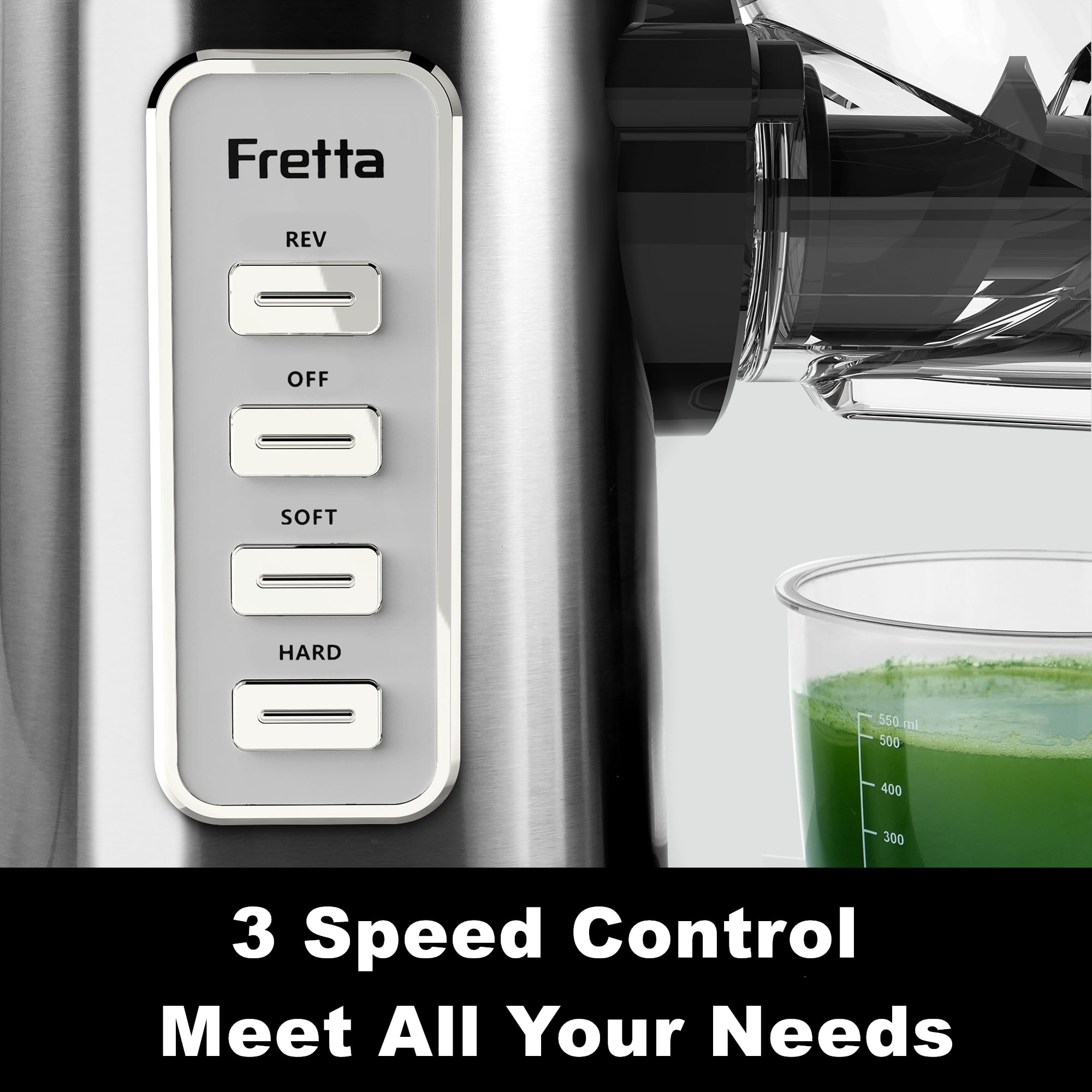 Fretta Juicer Machines,Cold Press Juicer with American-Sourced PCTG Material,3-Inch Wide Feed Chute Fits Whole Fruits & Vegetables,Stainless Steel & Easy to Clean,Quiet 200W DC Power