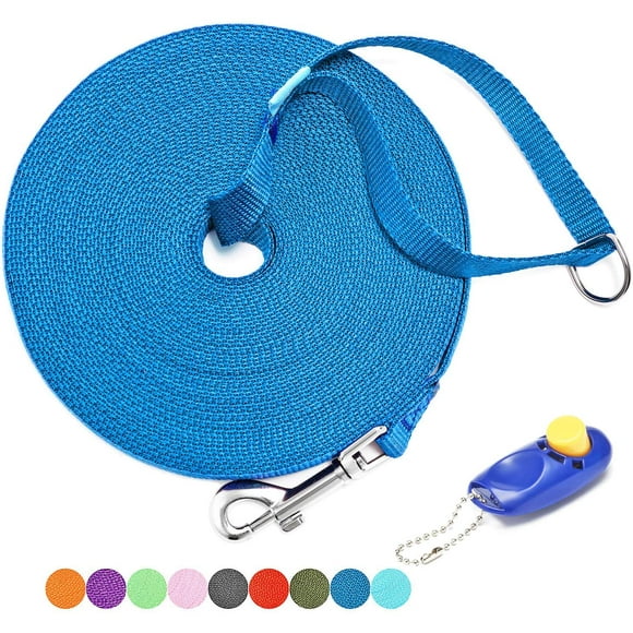 shiyou-15 ft, 20 ft, 30 ft, 50 ft, 100 ft Long Leash for Dog Cat Training, Play, Camping, or Backyard Lead with Free Training Clickers for Small, Medium and Large Dogs or Cats (20 Feet, Blue)