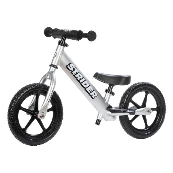 Strider 12 Pro Bike, Silver - No Pedal Balance Bicycle for Kids 1 to 5 Years - Includes Safety Pad, Padded Seat, Mini Grips, Flat-Free Tires Easy Assembly Tool-Free Adjustments