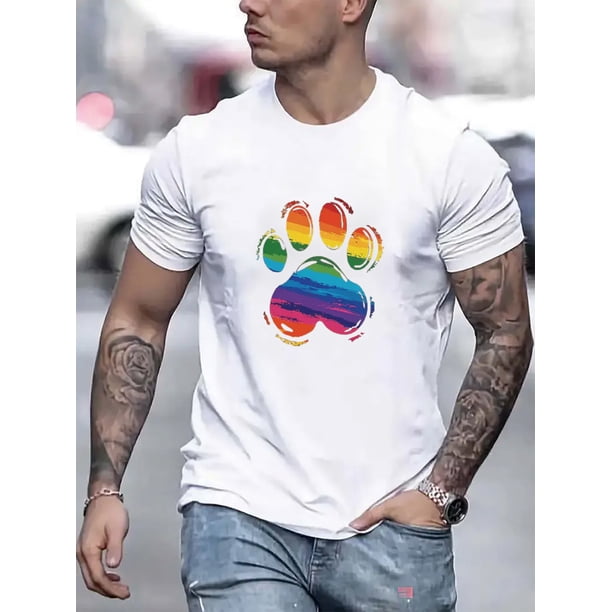 Rainbow Gradient Paw Illustration Print Short Sleeved T-shirt, Casual Comfy Versatile Tee Top, Men's Everyday Spring/Summer Clothing