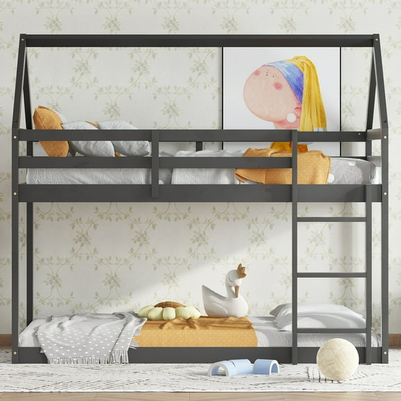 Twin over Twin Rubber Wood Floor Bunk Bed, with ladder,Guardrails,House-Shaped-Bunk Bed, Black