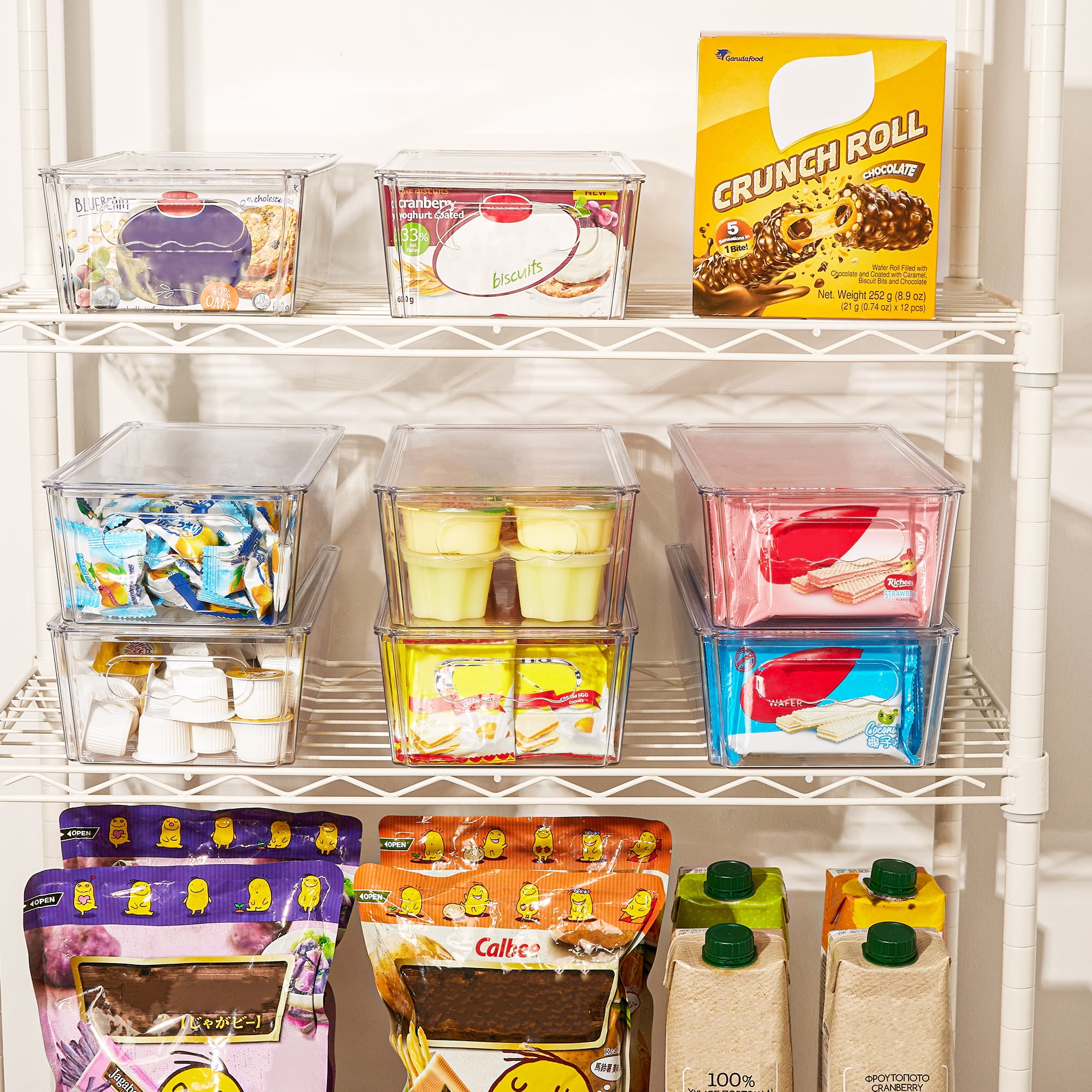 Sindcom 6pcs Clear Organizers Bins with Lids, Stackable Plastic Storage Containers with Handles