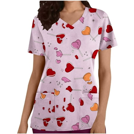 

YWDJ Valentine s Day Scrub Tops Women Print Fashion Solid V Neck Short Sleeve T Shirt Printing Loose Blouse Tops Pink S