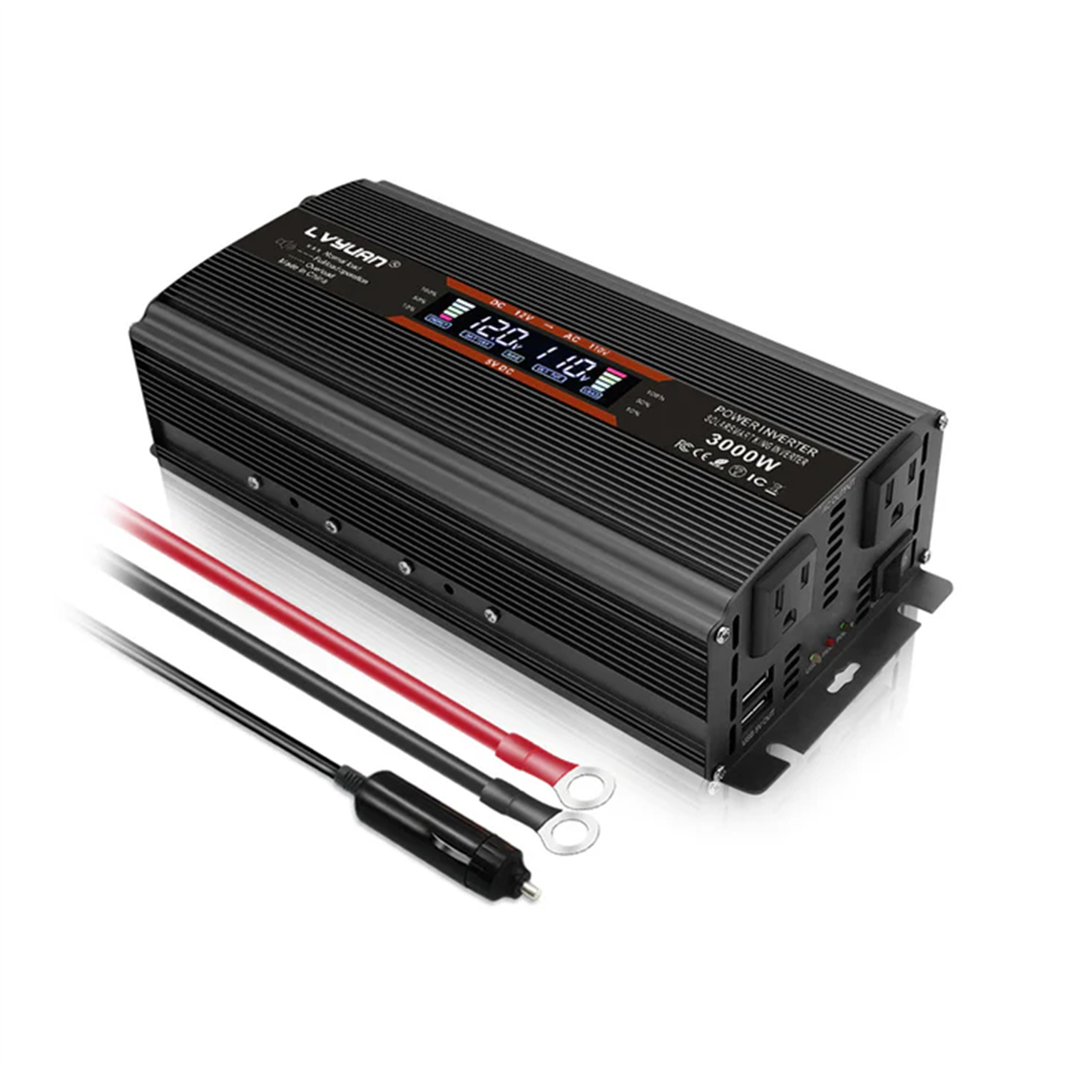 LVYUAN 1500W 3000W Peak Modified Sine Wave Power Inverter - DC 12V to 110V AC, Dual AC Outlets & Dual USB Ports, LCD Display, Black - Ideal for Car, RV, Camping & Home Backup