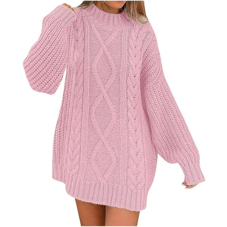 Aboser Women 2024 Fall Sweater Dress Solid Mock Neck Mini Dress Fall Long Sleeve Knitwear Chunky Cable Knit Pullover Short Sweaters Dresses