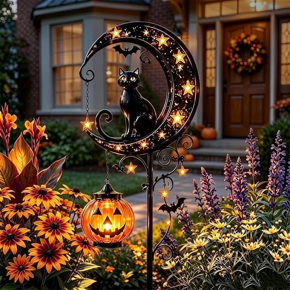 Solar Halloween Garden Light,Cat Solar Yard Light,Halloween Black Cat Bat Moon Solar Stake Light Single Pumpkin LED Lantern Waterproof Auto Night Light for Yard Patio Halloween Holiday Decor