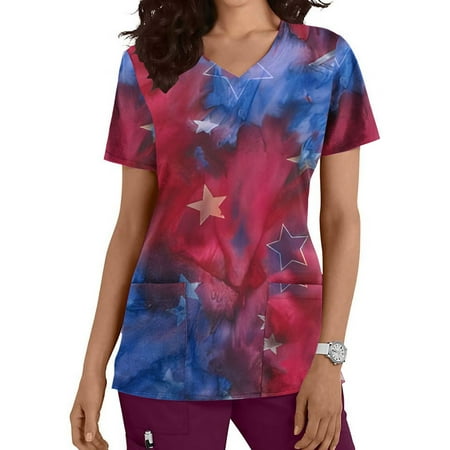 

YWDJ Patriotic Scrub Tops 4th of July Scrub Tops Fashion Short Sleeve V Neck Tops Working Uniform with with Pocketss Blouse Tops Perfect for Any Independence Day Celebration 23-Red XXL