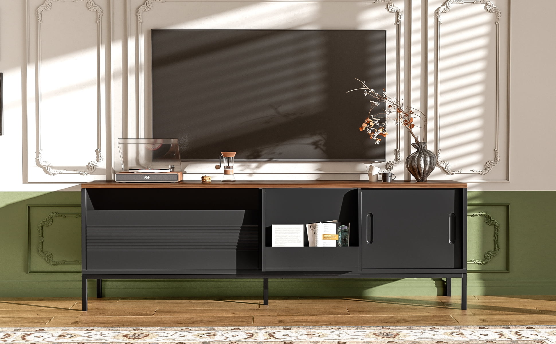 Euroco 70.8'' Modern TV Stand for TVs up to 75 Inches, Entertainment Center with Storage Space, Sliding Doors, Adjustable Shelves and Metal Frame, Mid Century Modern Media TV Console Table