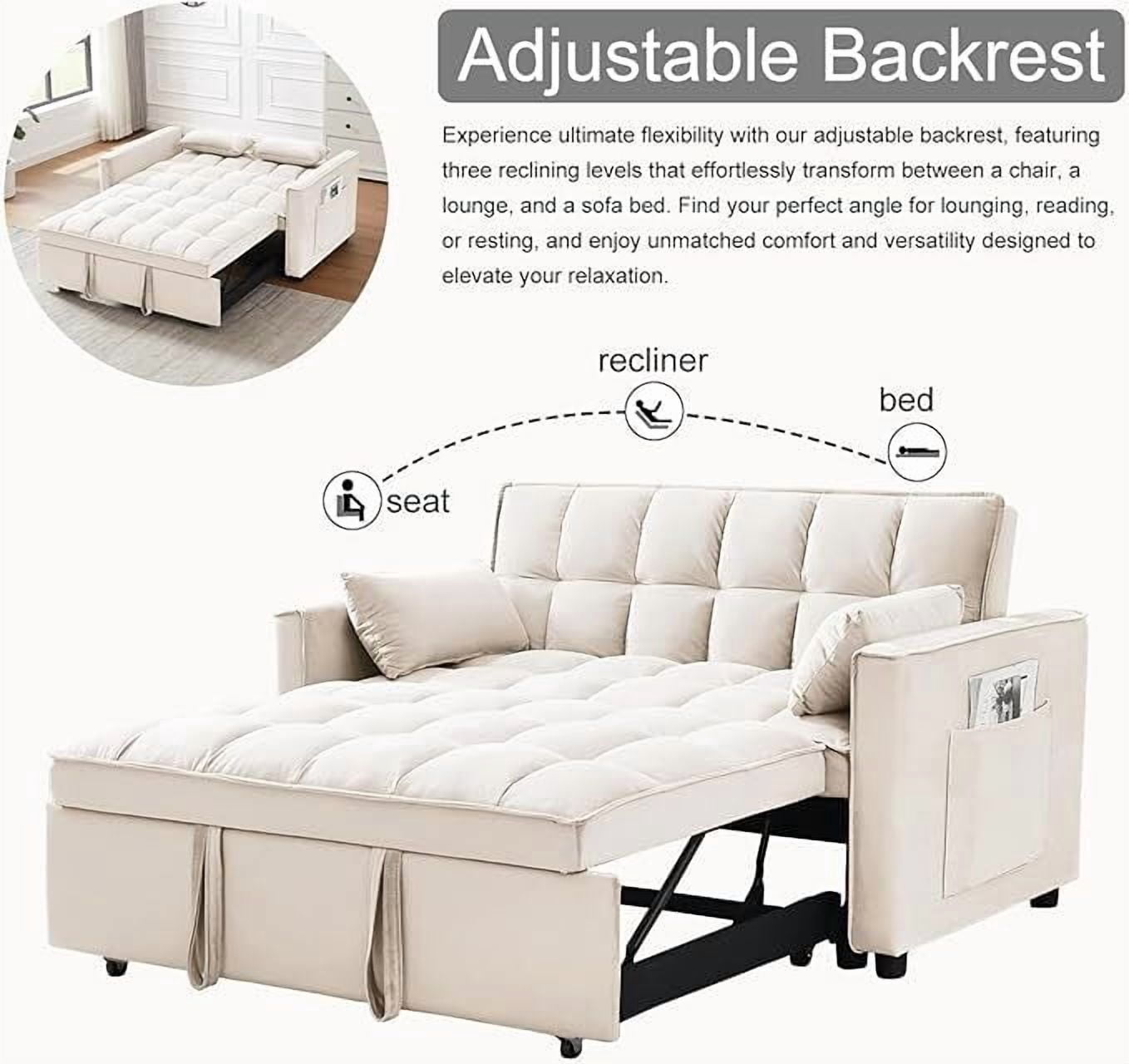 ShiKeyi 3 in 1 Convertible Sleeper Futon Sofa Bed, 55" Pull Out Sofa Bed with Storage Pocket/Side Pocket/2 Pillows for Living Room, Beige