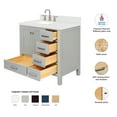 thumbnail image 3 of ARIEL Cambridge 36 Inch Grey Bathroom Vanity with Sink, Solid Wood, Carrara White Quartz Countertop, 1.5-Inch Edge, Left Rectangular Undermount Sink, 2 Soft Closing Doors, 5 Drawers, 3 of 10