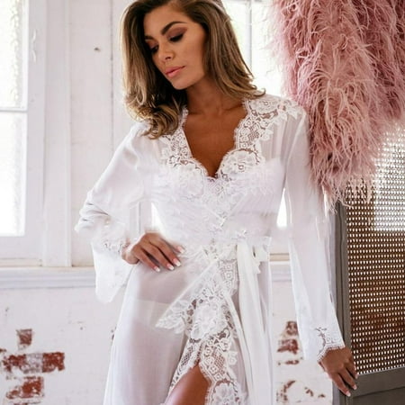 Womens Dressing - Sexy Grenadine Long Kimono Dress Solid Color Lace Gown Bath Robe Lingerie Nightdress Summer Dressing Gown for Women
