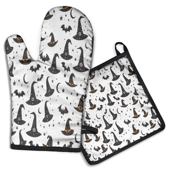 Halloween Witch Hats and Bats Kitchen Oven Mitt and Pot Holder Sets 2 Pcs for Baking, Cooking and Grilling, Heat Resistant Up To 392 °F
