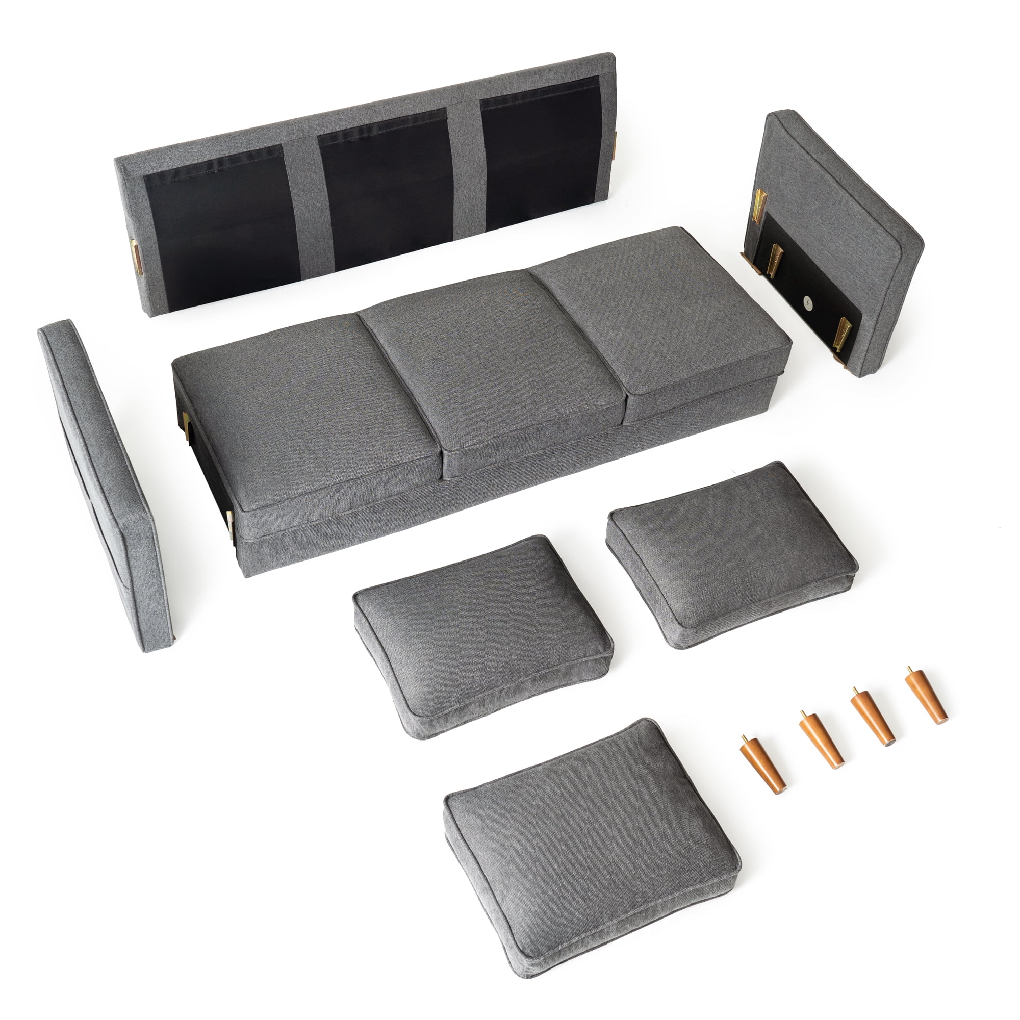 Mellow Hana Modern Upholstered Linen Fabric Sofa with Armrest Pockets, Dark Heather Grey
